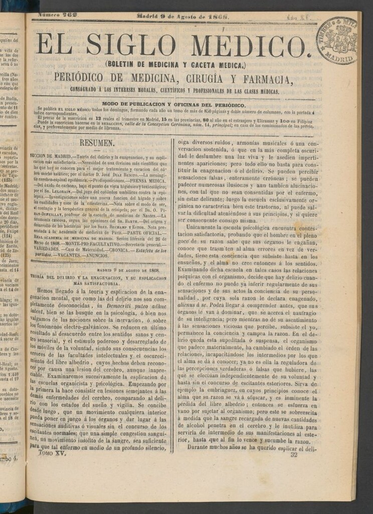 Miniatura de El Siglo Médico: boletín de medicina y gaceta médica del 9 de agosto de 1868