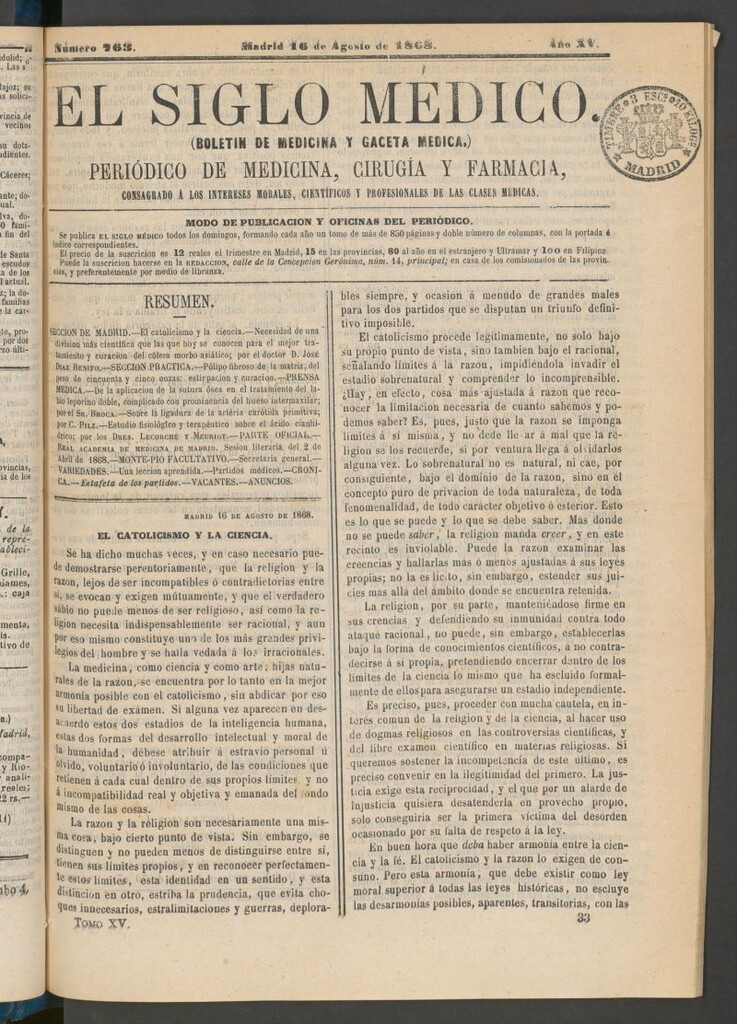 Miniatura de El Siglo Médico: boletín de medicina y gaceta médica del 16 de agosto de 1868