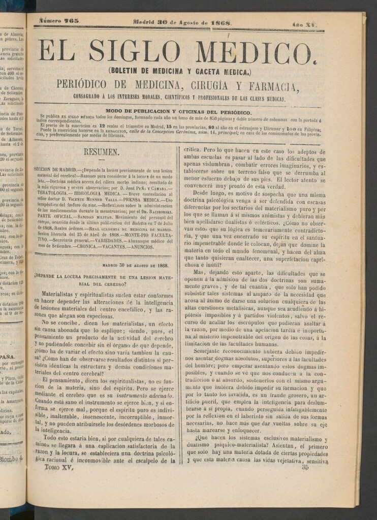 Miniatura de El Siglo Médico: boletín de medicina y gaceta médica del 30 de agosto de 1868