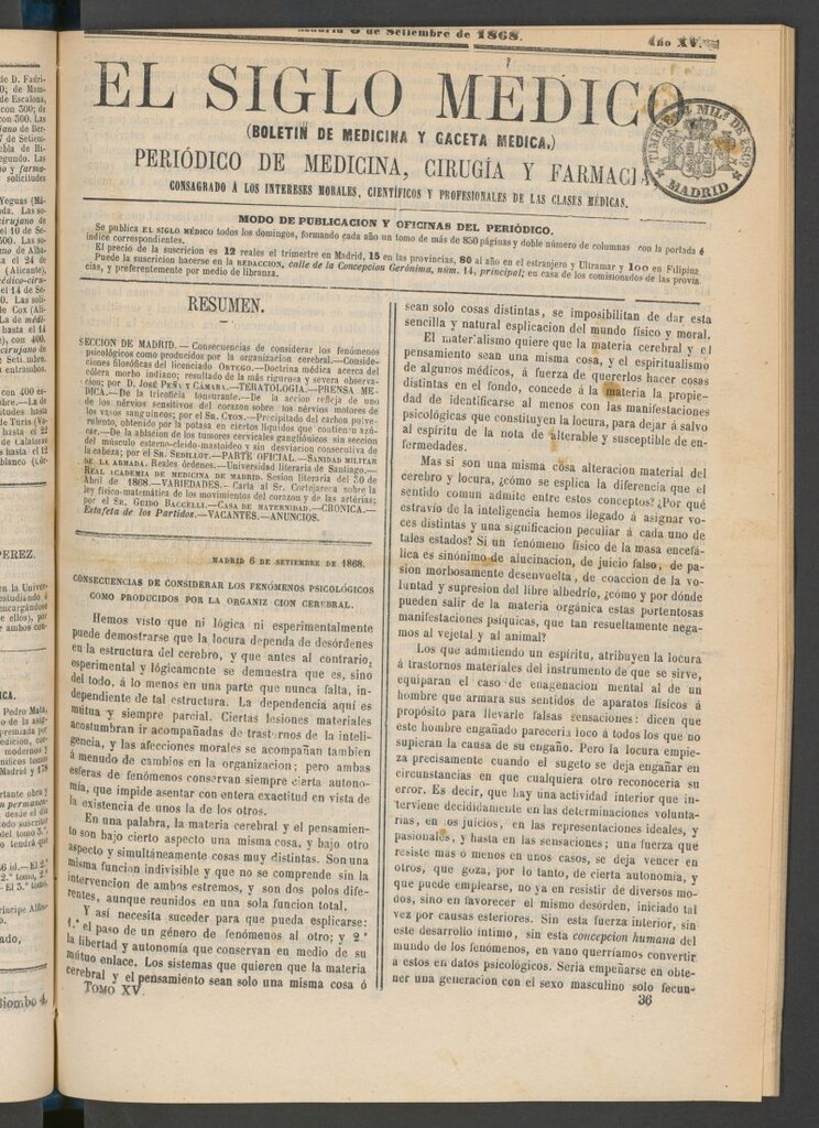 Miniatura de El Siglo Médico: boletín de medicina y gaceta médica del 6 de septiembre de 1868