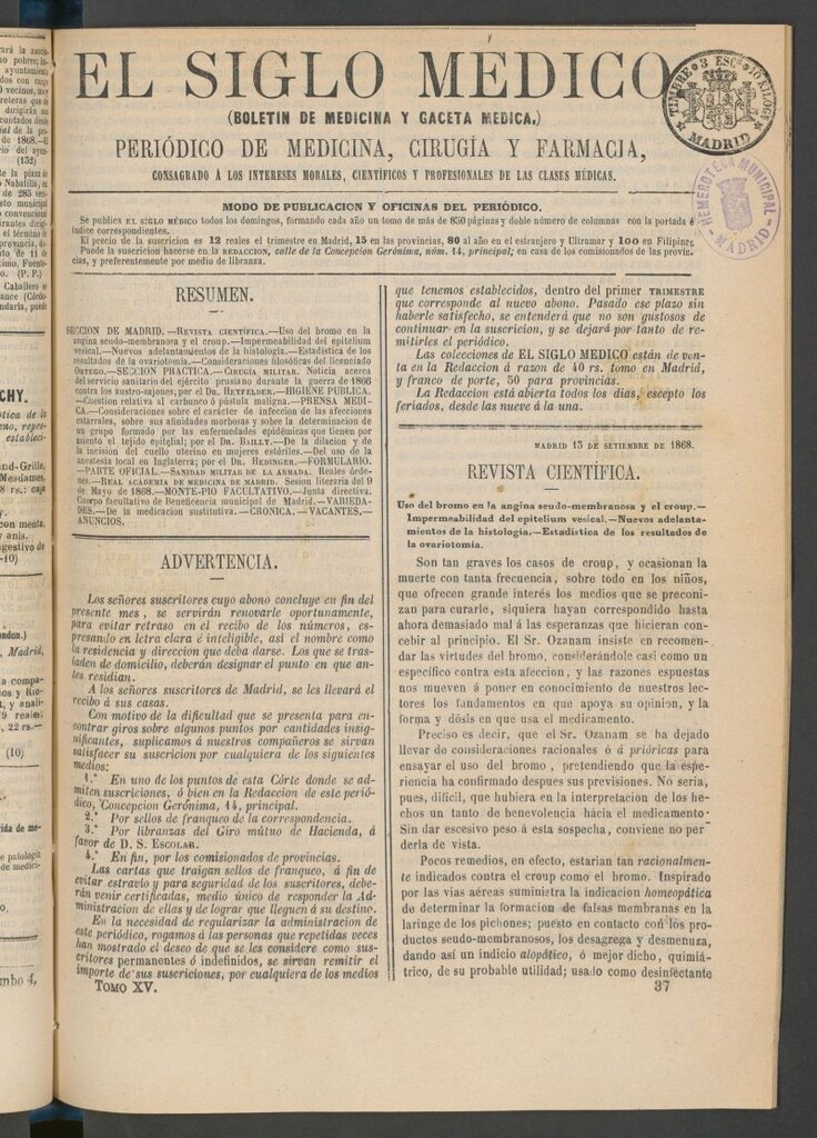 Miniatura de El Siglo Médico: boletín de medicina y gaceta médica del 13 de septiembre de 1868