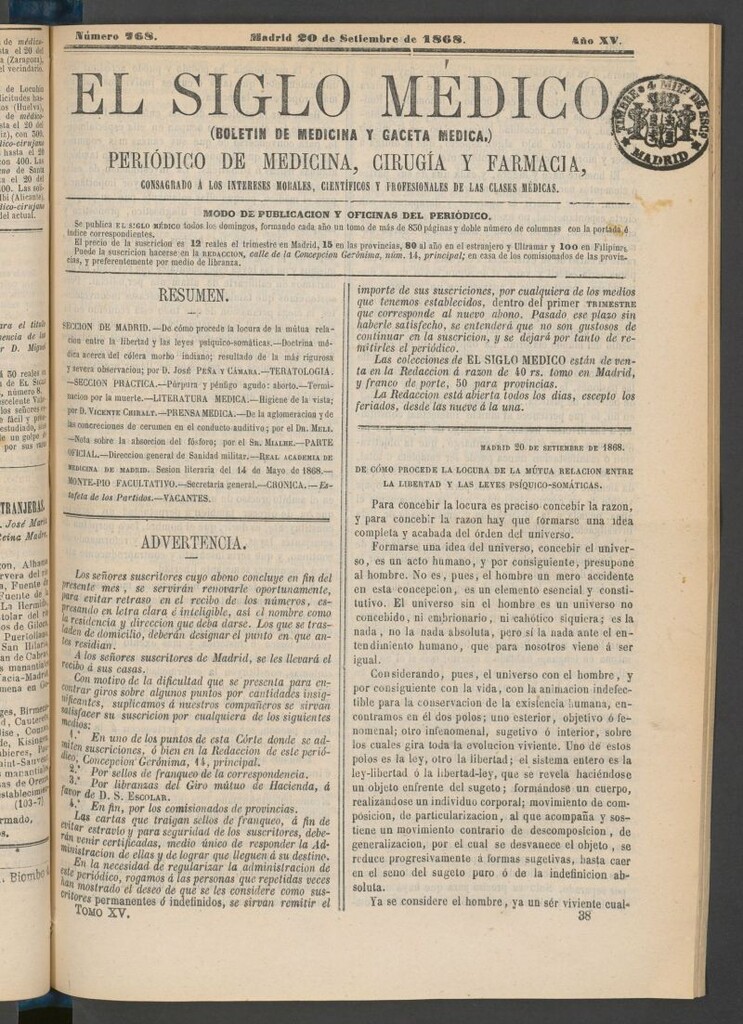 Miniatura de El Siglo Médico: boletín de medicina y gaceta médica del 20 de septiembre de 1868