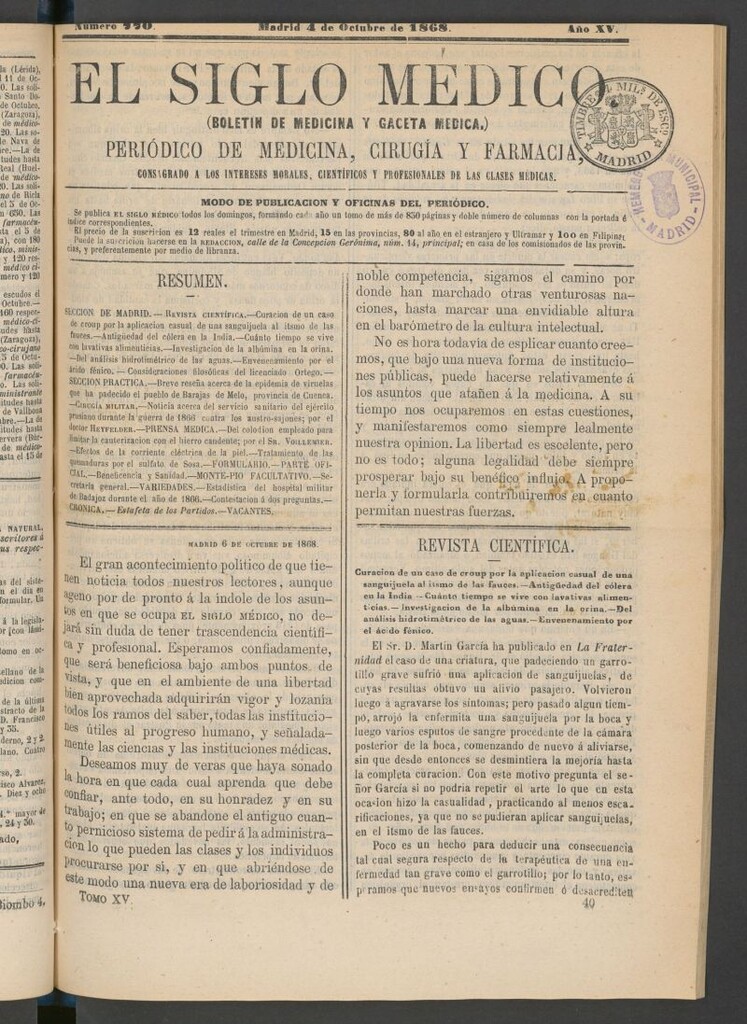 Miniatura de El Siglo Médico: boletín de medicina y gaceta médica del 4 de octubre de 1868