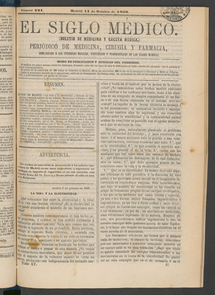 Miniatura de El Siglo Médico: boletín de medicina y gaceta médica del 11 de octubre de 1868