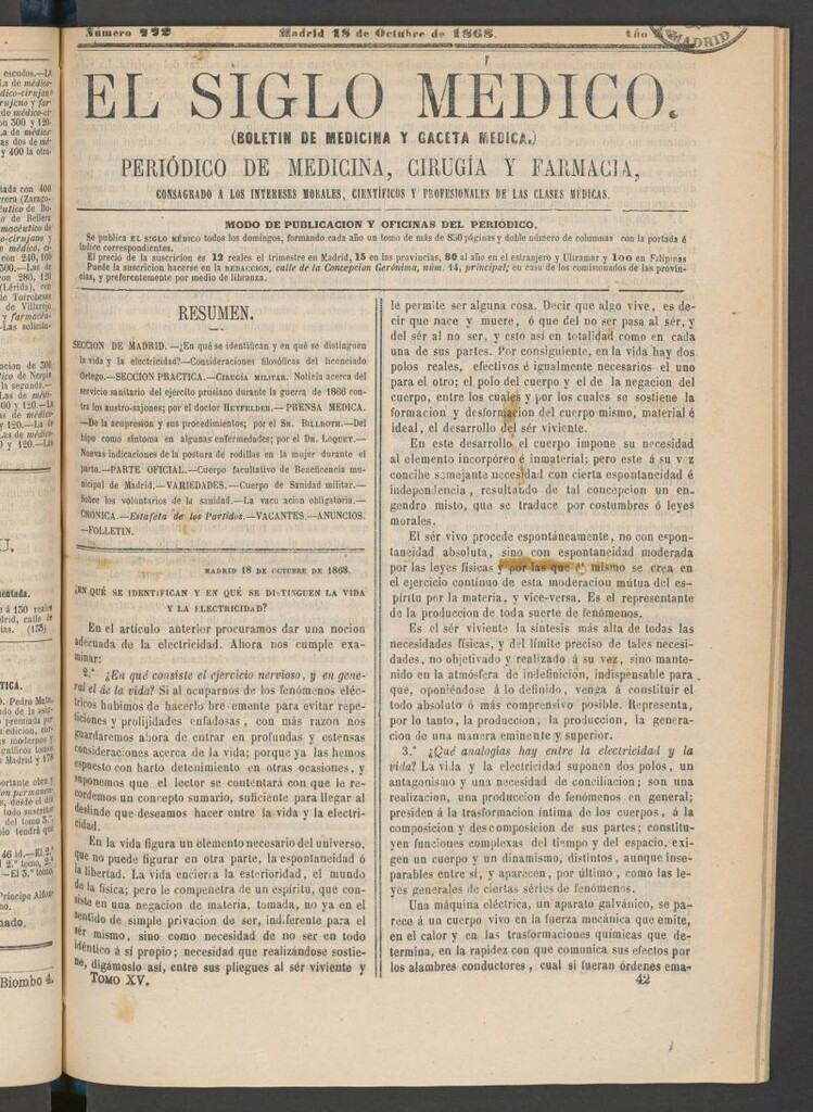 Miniatura de El Siglo Médico: boletín de medicina y gaceta médica del 18 de octubre de 1868