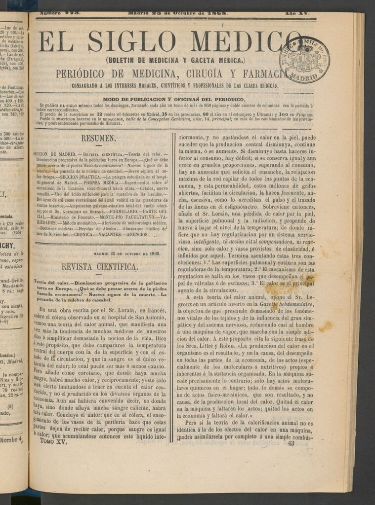Miniatura de El Siglo Médico: boletín de medicina y gaceta médica del 25 de octubre de 1868