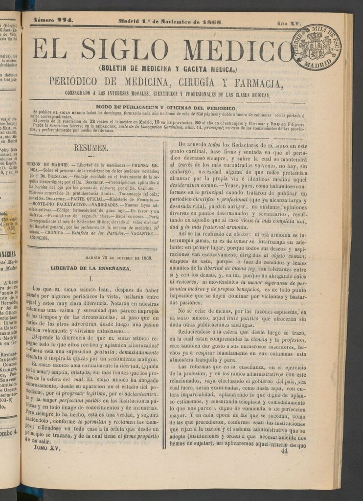 Miniatura de El Siglo Médico: boletín de medicina y gaceta médica del 1 noviembre de 1868