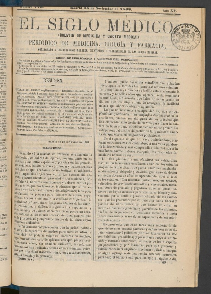 Miniatura de El Siglo Médico: boletín de medicina y gaceta médica del 15 de noviembre de 1868