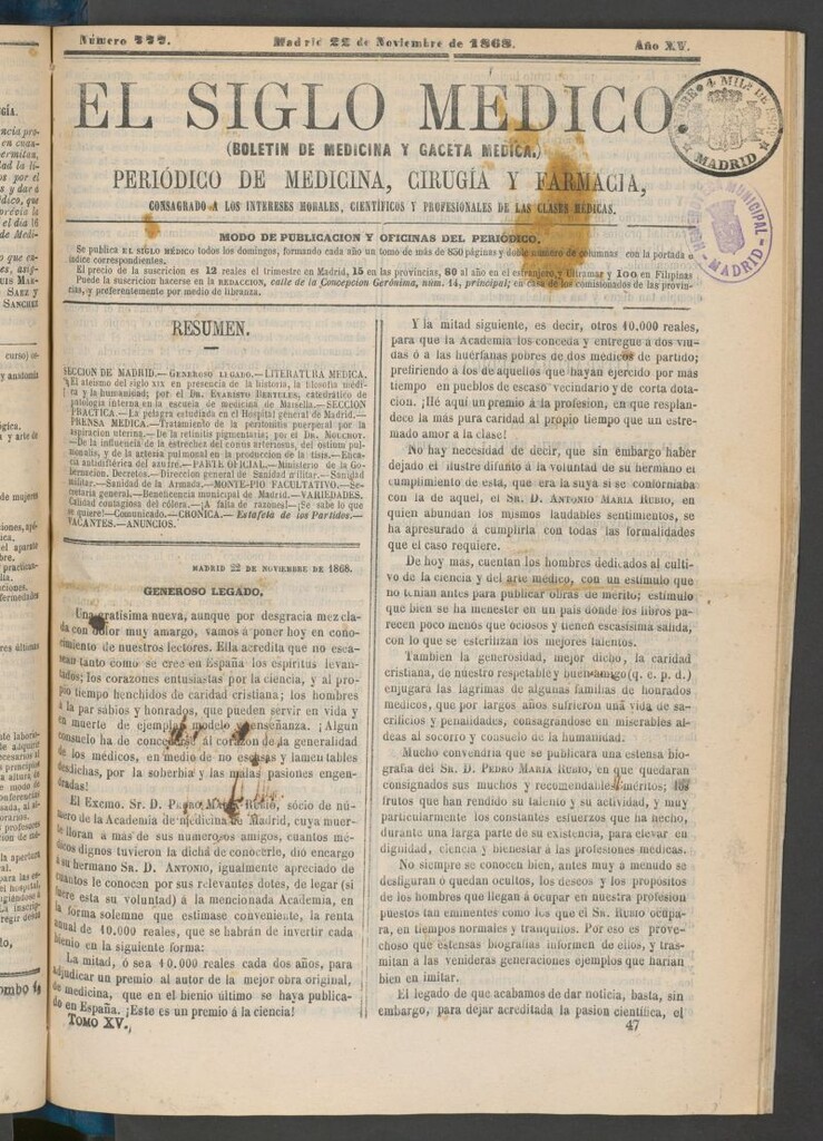 Miniatura de El Siglo Médico: boletín de medicina y gaceta médica del 22 de noviembre de 1868