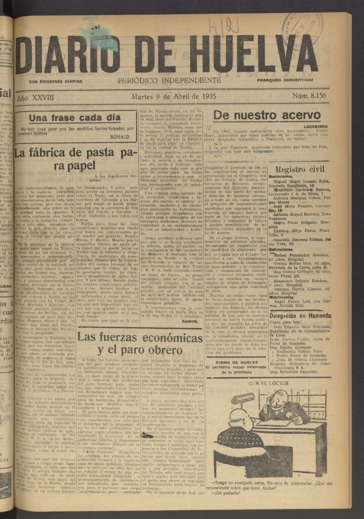 Miniatura de Diario de Huelva : periódico independiente del 9 de abril de 1935