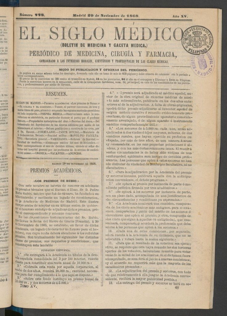 Miniatura de El Siglo Médico: boletín de medicina y gaceta médica del 29 de noviembre de 1868