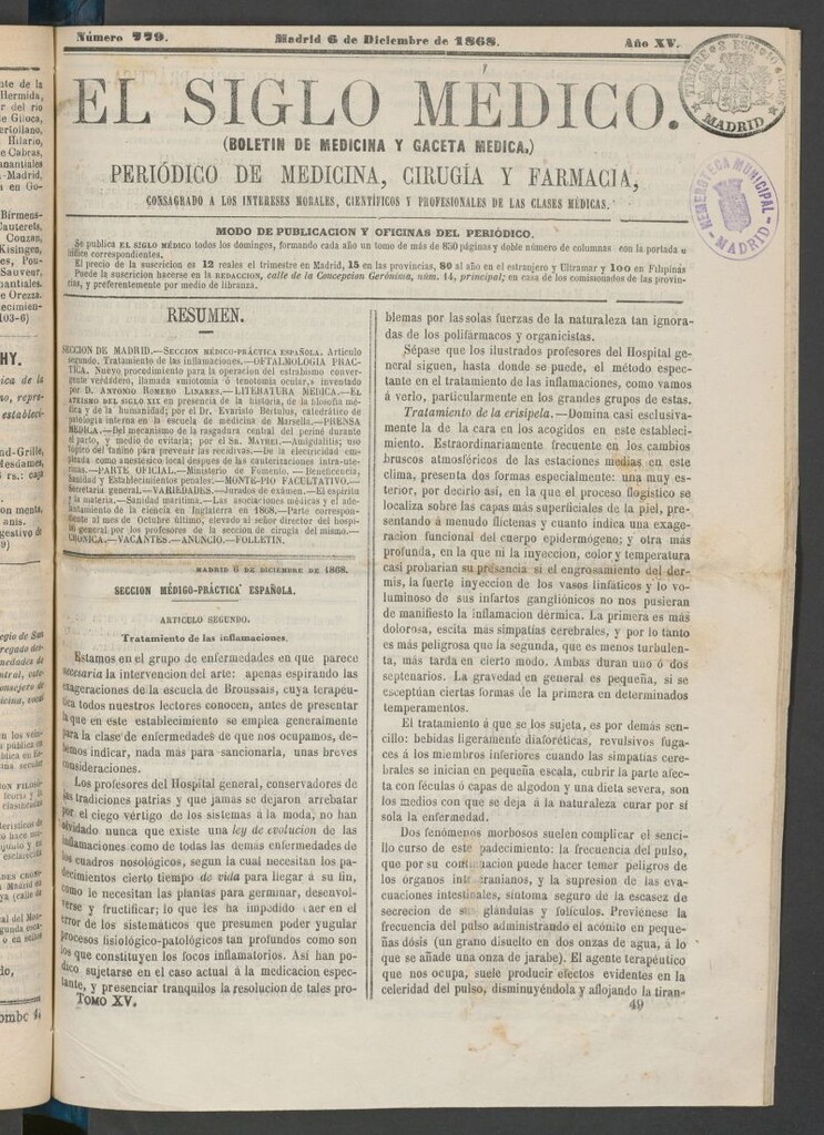 Miniatura de El Siglo Médico: boletín de medicina y gaceta médica del 6 de diciembre de 1868