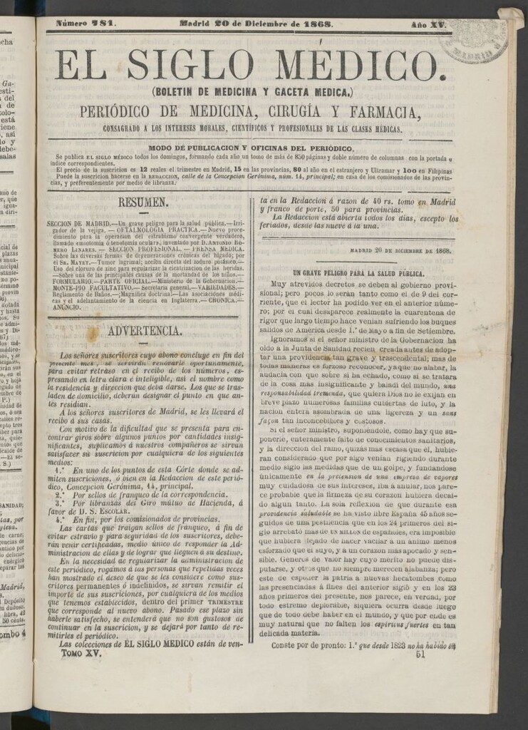 Miniatura de El Siglo Médico: boletín de medicina y gaceta médica del 20 de diciembre de 1868