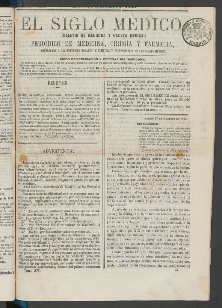 Miniatura de El Siglo Médico: boletín de medicina y gaceta médica del 27 de septiembre de 1868