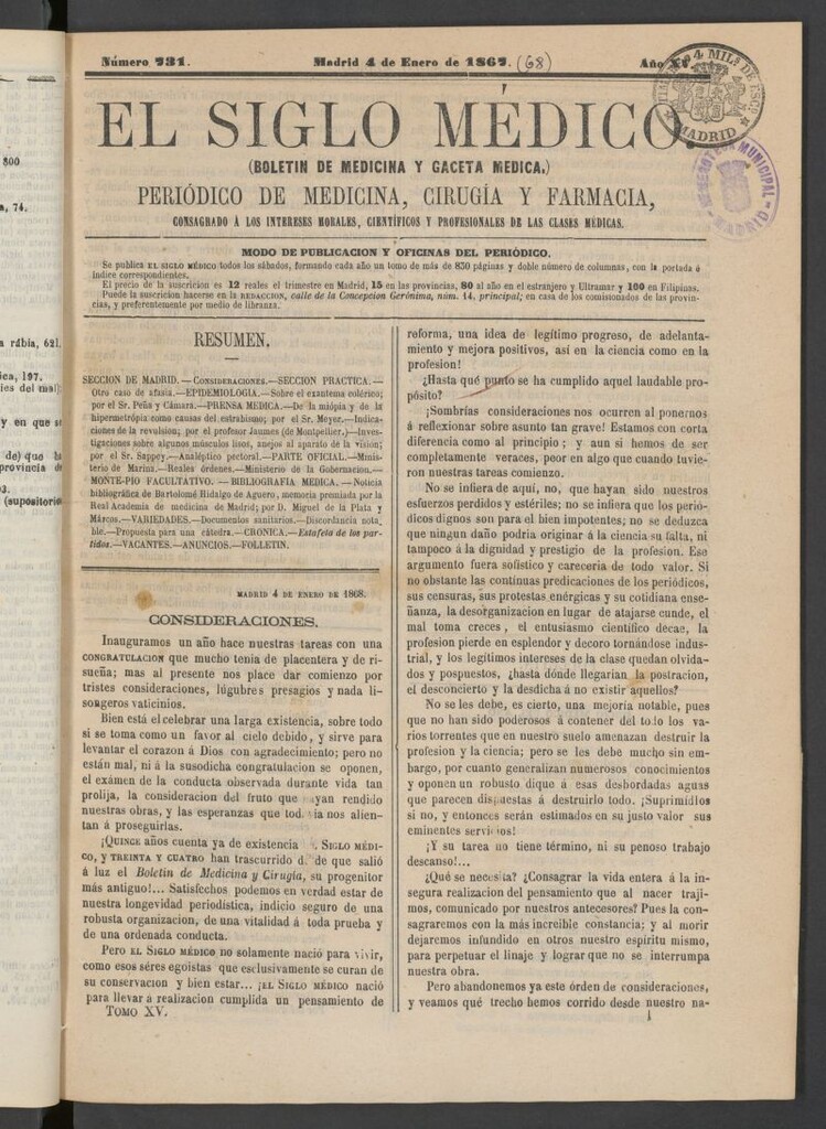 Miniatura de El Siglo Médico: boletín de medicina y gaceta médica del 4 de enero de 1868