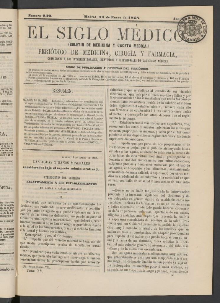 Miniatura de El Siglo Médico: boletín de medicina y gaceta médica del 11 de enero  de 1868