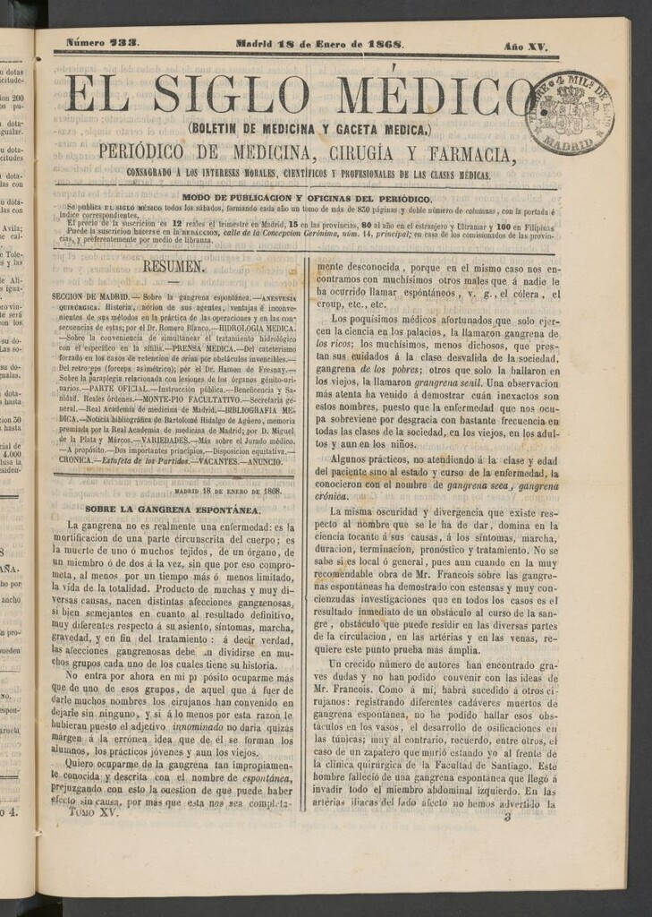 Miniatura de El Siglo Médico: boletín de medicina y gaceta médica del 18 de enero de 1868