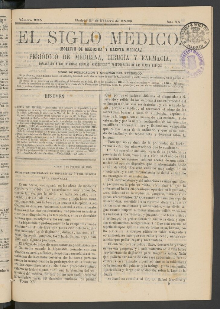Miniatura de El Siglo Médico: boletín de medicina y gaceta médica del 1 de febrero  de 1868