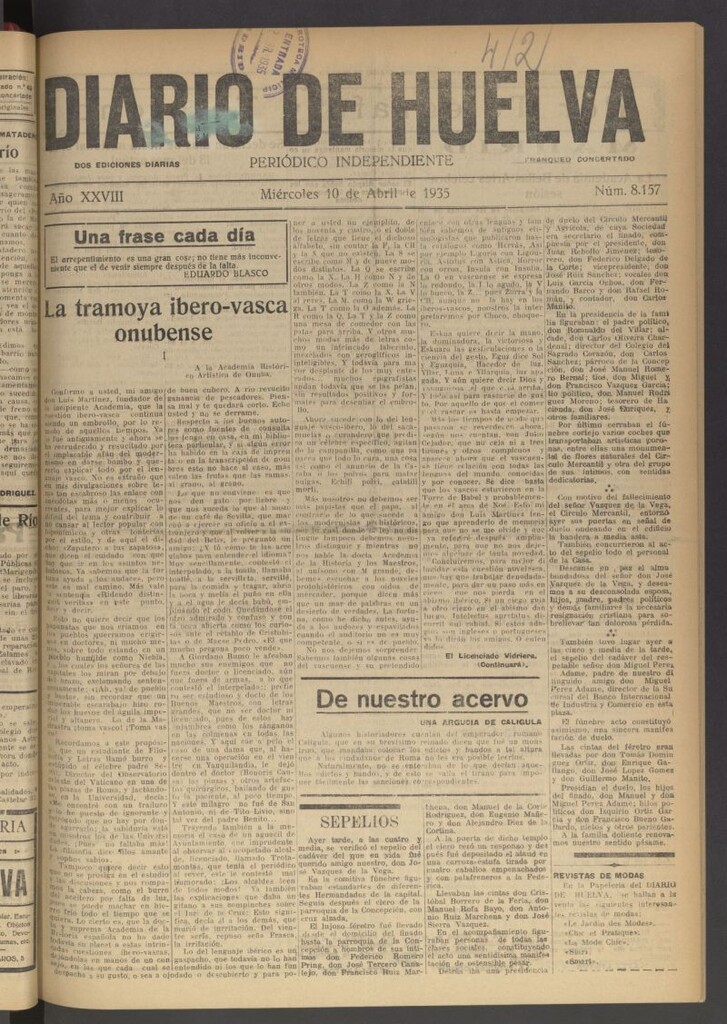 Miniatura de Diario de Huelva : periódico independiente del 10 de abril de 1935