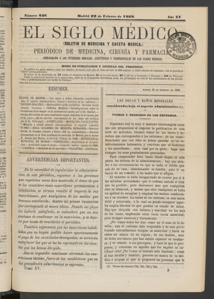 Miniatura de El Siglo Médico: boletín de medicina y gaceta médica del 22 de febrero de 1868