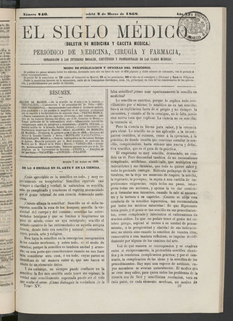 Miniatura de El Siglo Médico: boletín de medicina y gaceta médica del 7 de marzo de 1868
