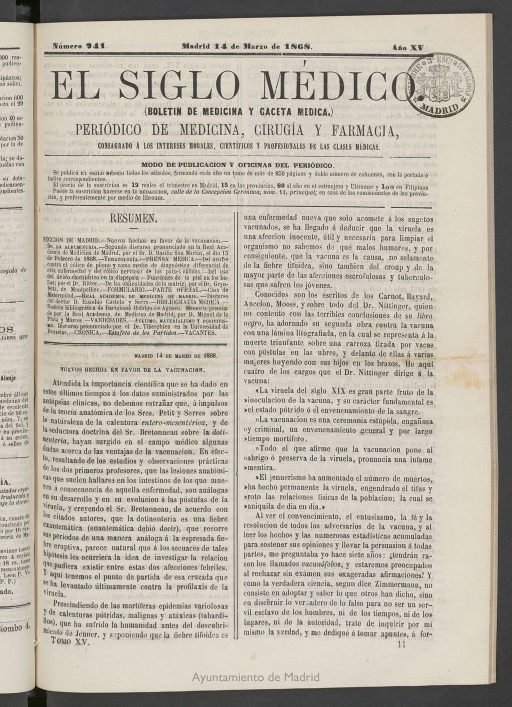Miniatura de El Siglo Médico: boletín de medicina y gaceta médica del 14 de marzo de 1868