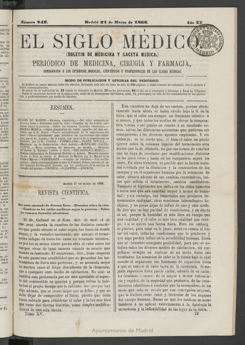 Miniatura de El Siglo Médico: boletín de medicina y gaceta médica del 21 de marzo de 1868