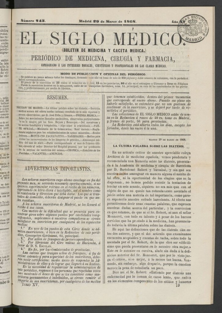 Miniatura de El Siglo Médico: boletín de medicina y gaceta médica del 29 de marzo de 1868