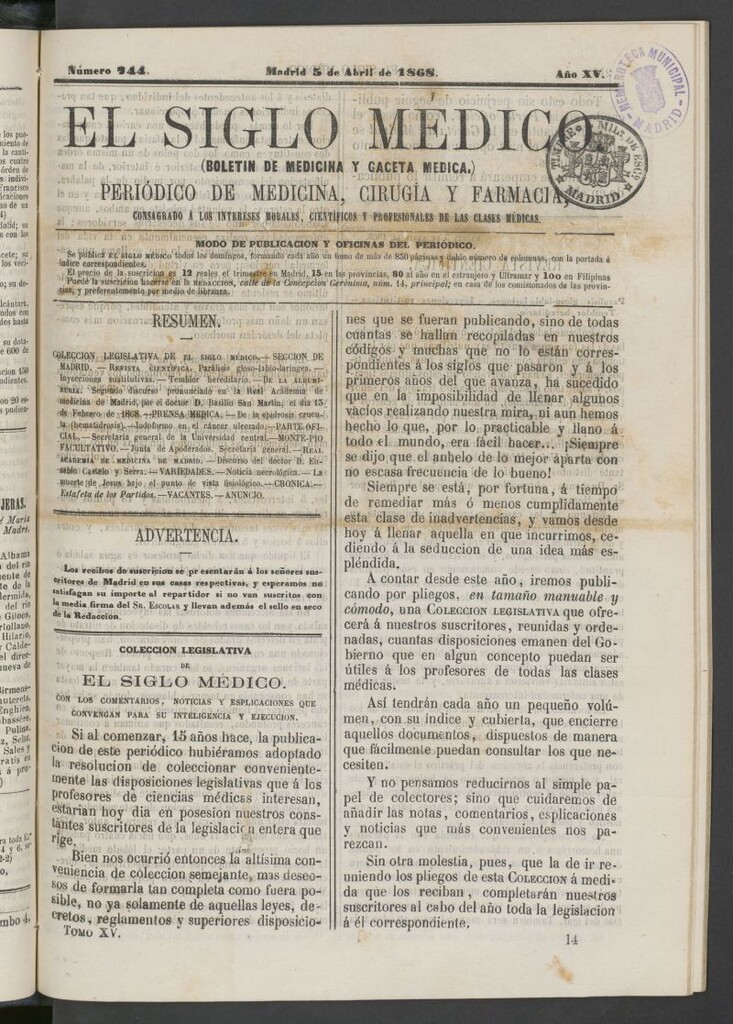 Miniatura de El Siglo Médico: boletín de medicina y gaceta médica del 5 de abril de 1868