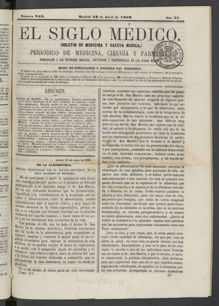 Miniatura de El Siglo Médico: boletín de medicina y gaceta médica del 12 de abril de 1868