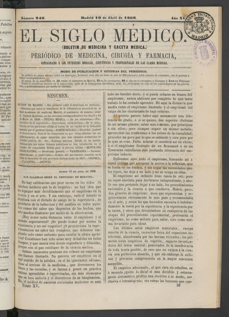 Miniatura de El Siglo Médico: boletín de medicina y gaceta médica del 19 de abril de 1868
