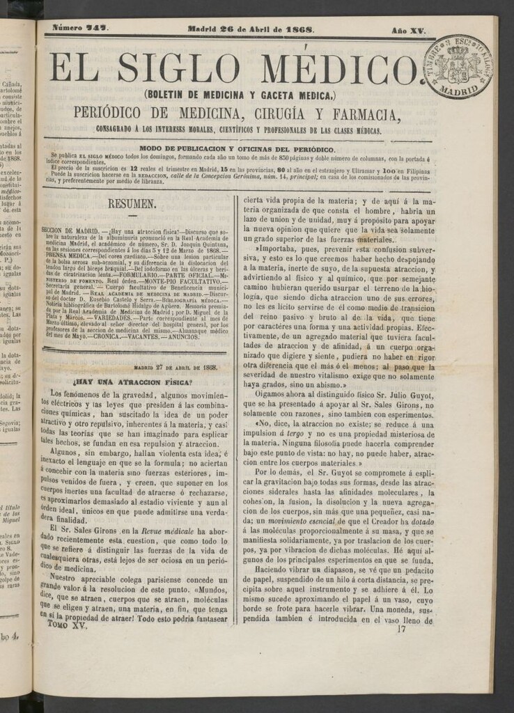 Miniatura de El Siglo Médico: boletín de medicina y gaceta médica del 26  de abril de 1868