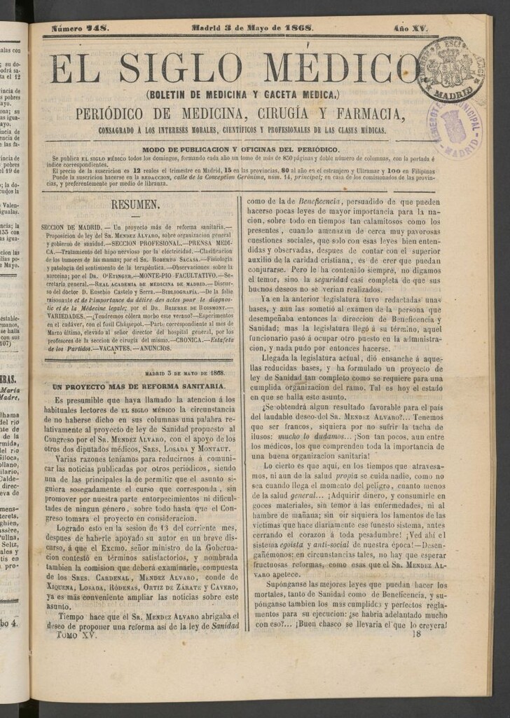 Miniatura de El Siglo Médico: boletín de medicina y gaceta médica del 3 de mayo de 1868