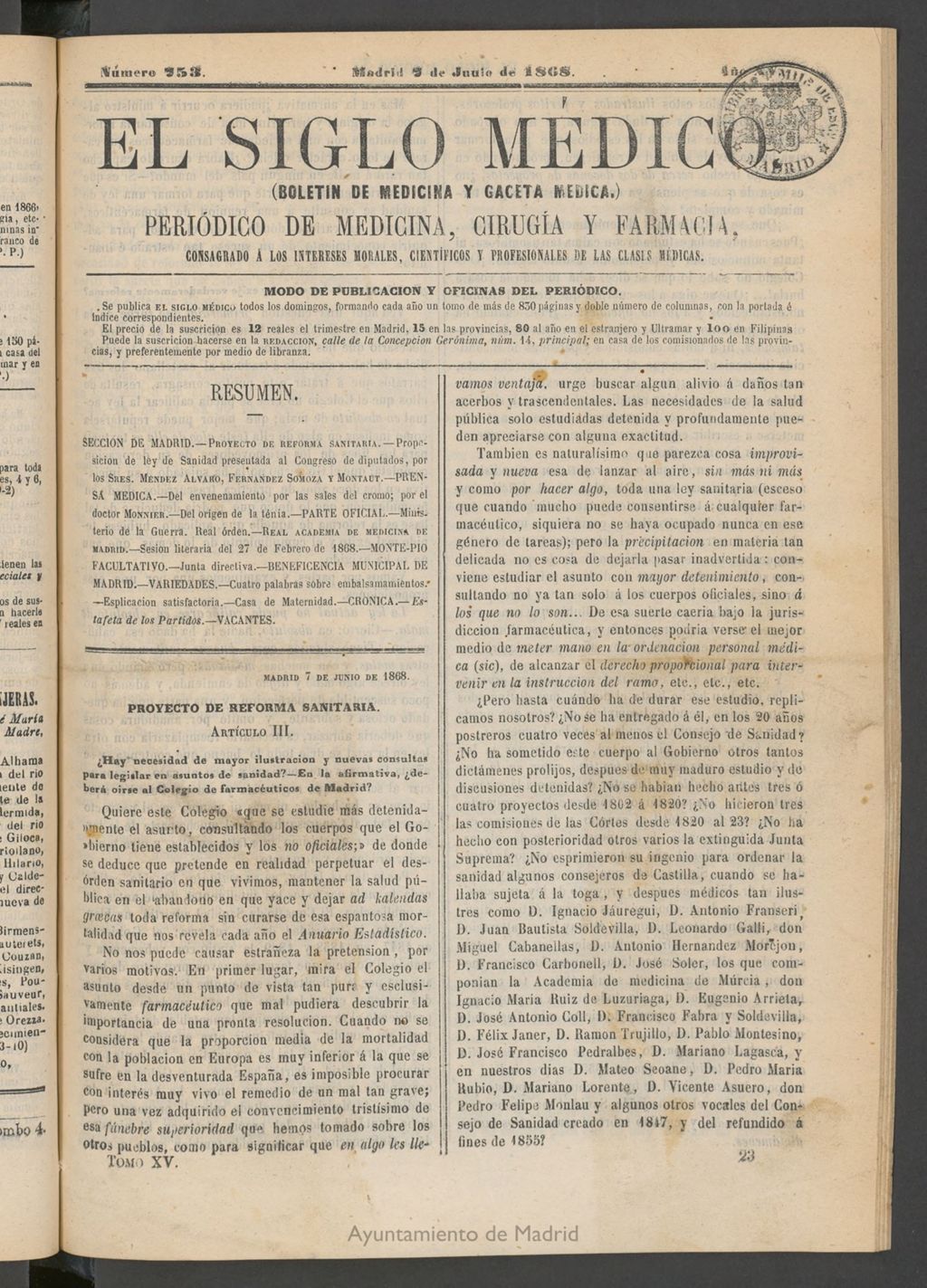 Miniatura de El Siglo Médico: boletín de medicina y gaceta médica del 7 de junio de 1868