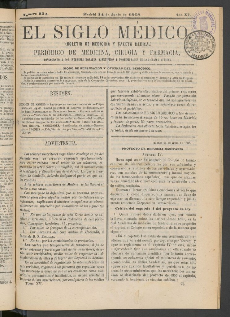 Miniatura de El Siglo Médico: boletín de medicina y gaceta médica del 14 de junio de 1868