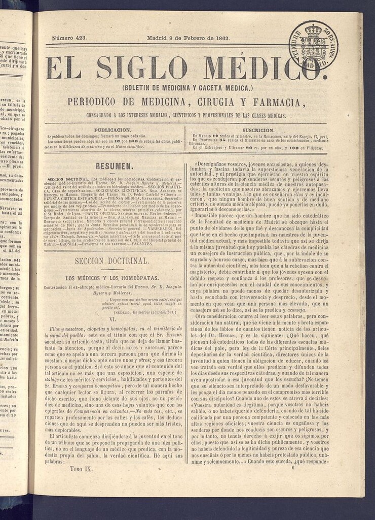 Miniatura de El Siglo Médico: boletín de medicina y gaceta médica del 9 de febrero de 1862
