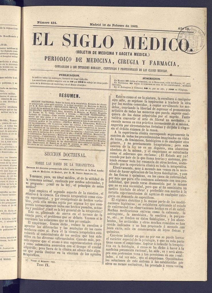 Miniatura de El Siglo Médico: boletín de medicina y gaceta médica del 16 de febrero de 1862