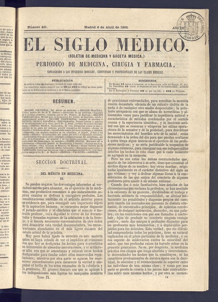 Miniatura de El Siglo Médico: boletín de medicina y gaceta médica del 6 de abril de 1862