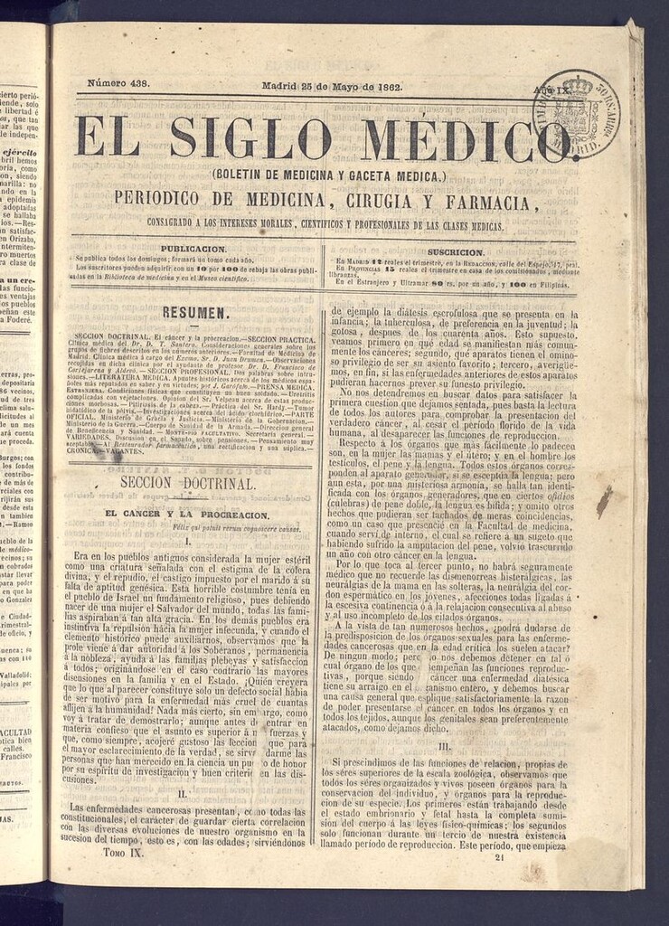 Miniatura de El Siglo Médico: boletín de medicina y gaceta médica del 25 de mayo de 1862