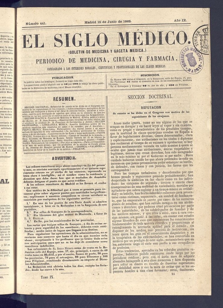 Miniatura de El Siglo Médico: boletín de medicina y gaceta médica del 15 de junio de 1862
