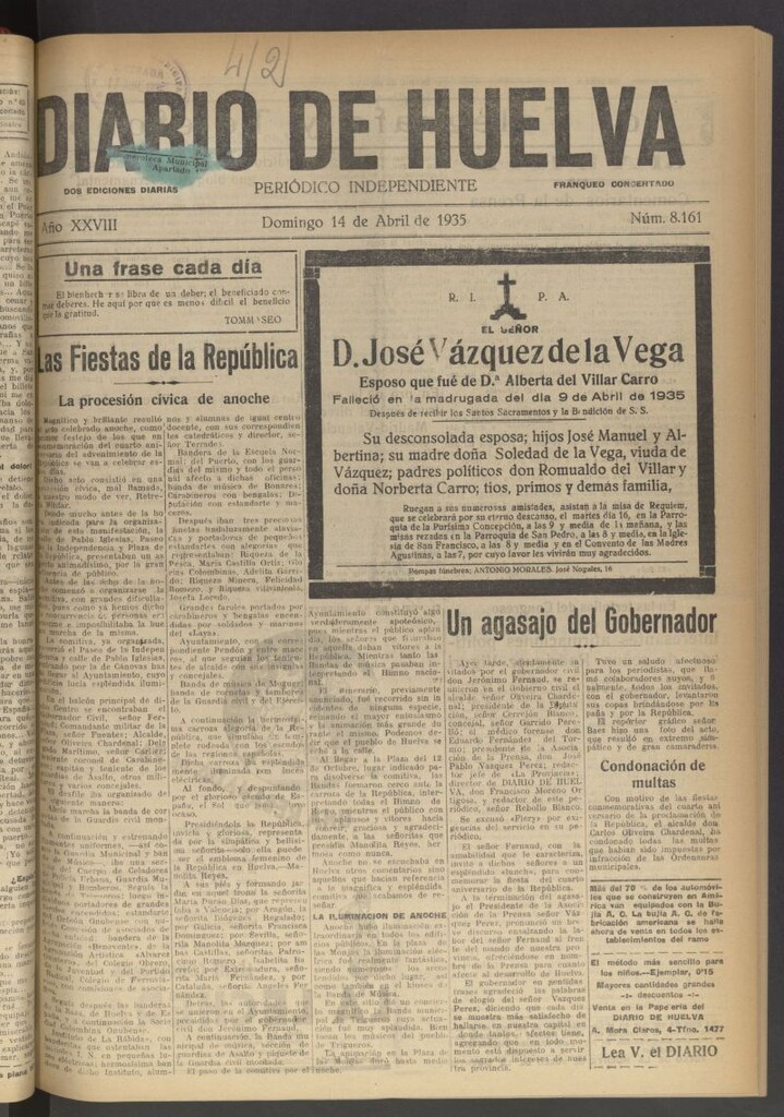 Miniatura de Diario de Huelva : periódico independiente del 14 de abril de 1935