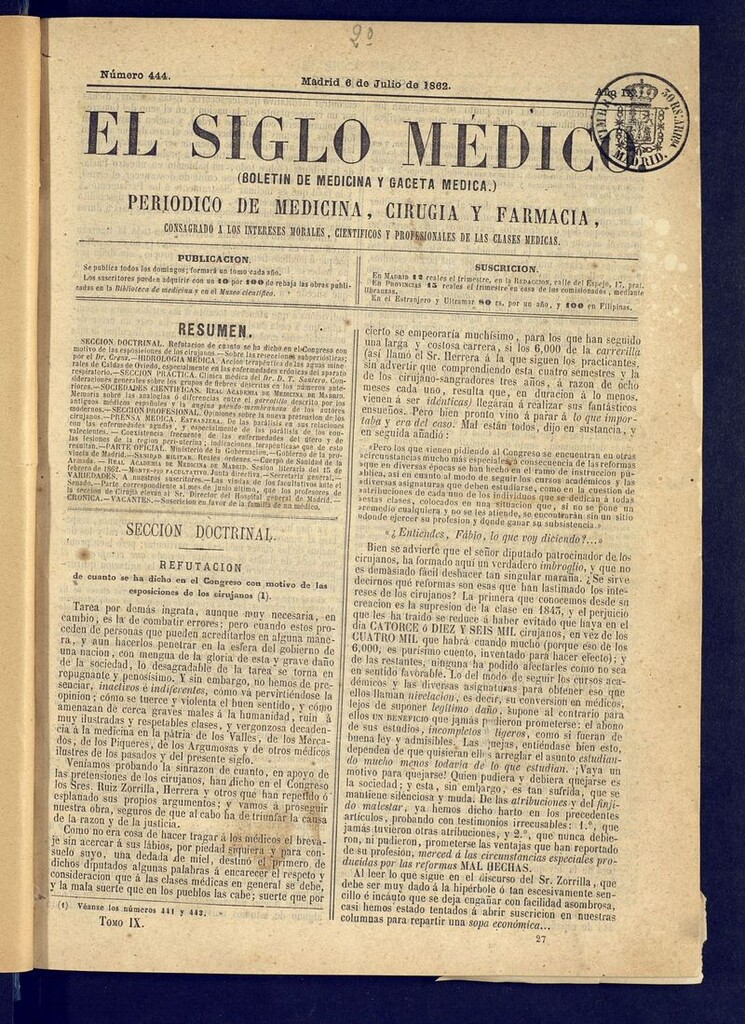 Miniatura de El Siglo Médico: boletín de medicina y gaceta médica del 6 de julio de 1862