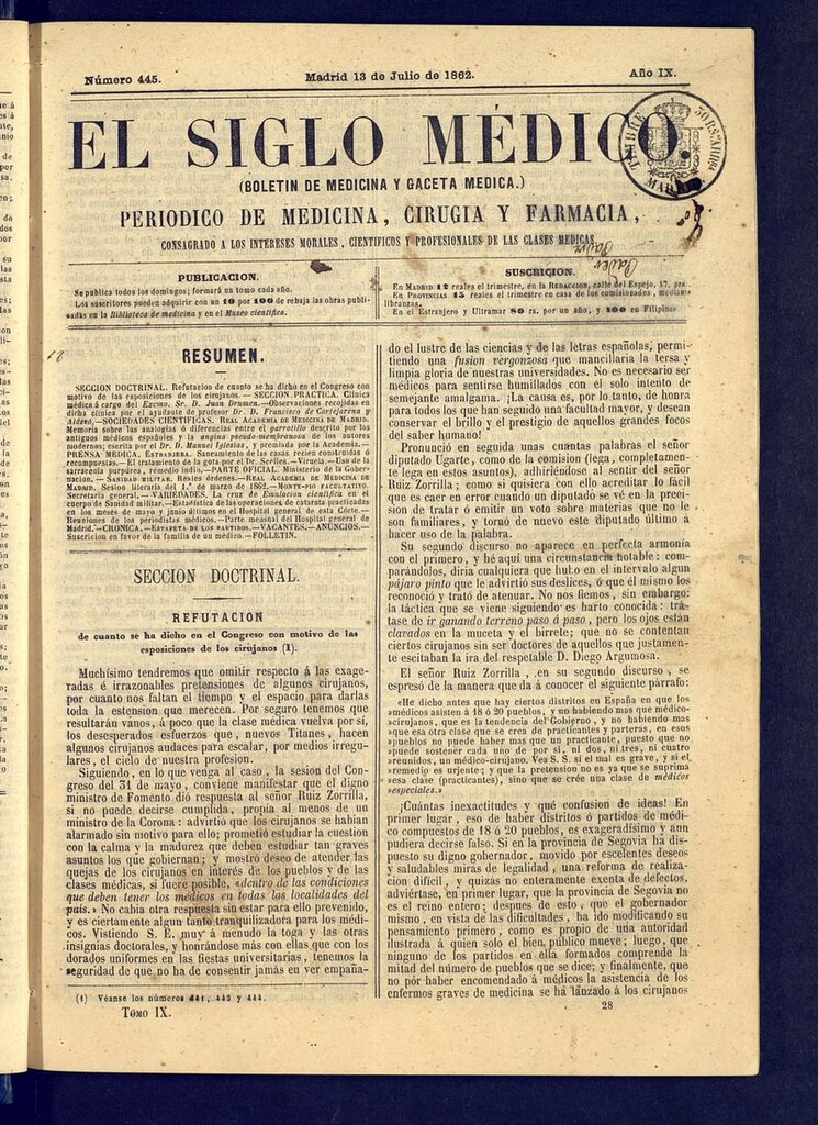 Miniatura de El Siglo Médico: boletín de medicina y gaceta médica del 13 de julio de 1862