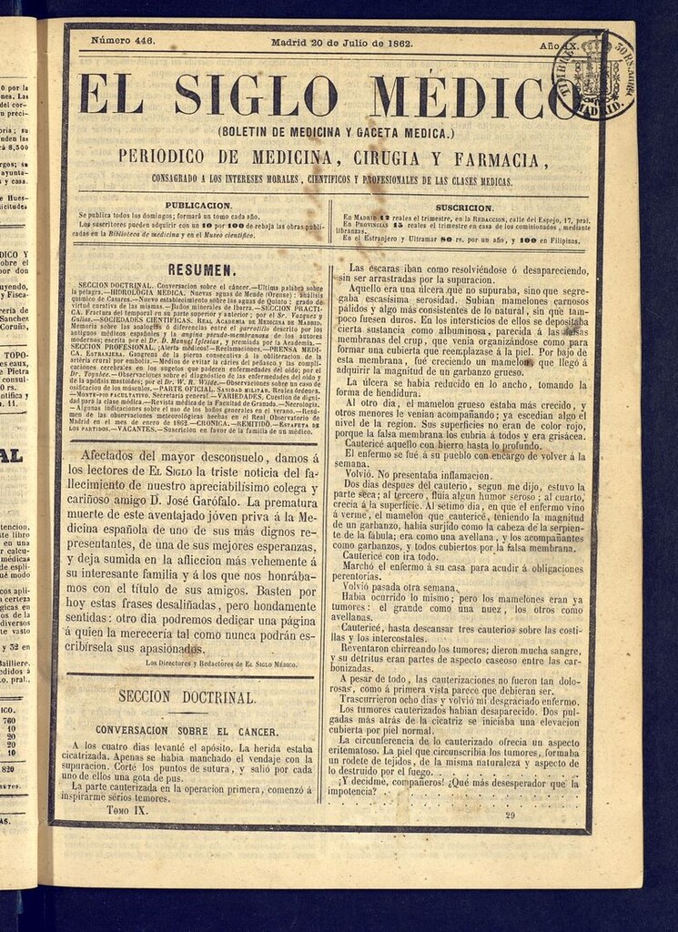 Miniatura de El Siglo Médico: boletín de medicina y gaceta médica del 20 de julio de 1862