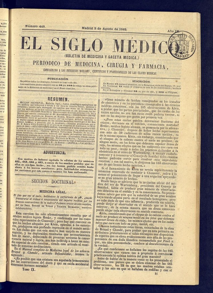Miniatura de El Siglo Médico: boletín de medicina y gaceta médica del 3 de agosto de 1862