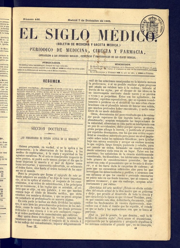 Miniatura de El Siglo Médico: boletín de medicina y gaceta médica del 7 de diciembre de 1862