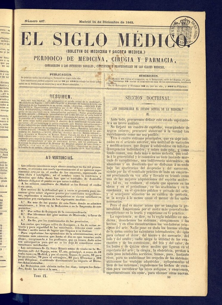Miniatura de El Siglo Médico: boletín de medicina y gaceta médica del 14 de diciembre de 1862
