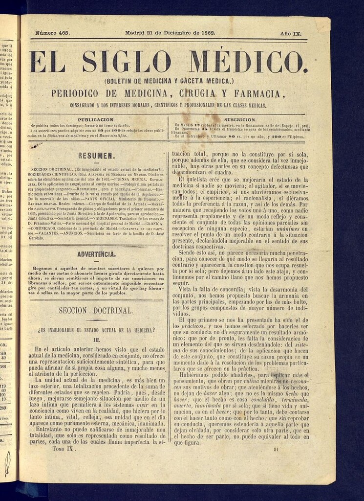 Miniatura de El Siglo Médico: boletín de medicina y gaceta médica del 21 de diciembre de 1862
