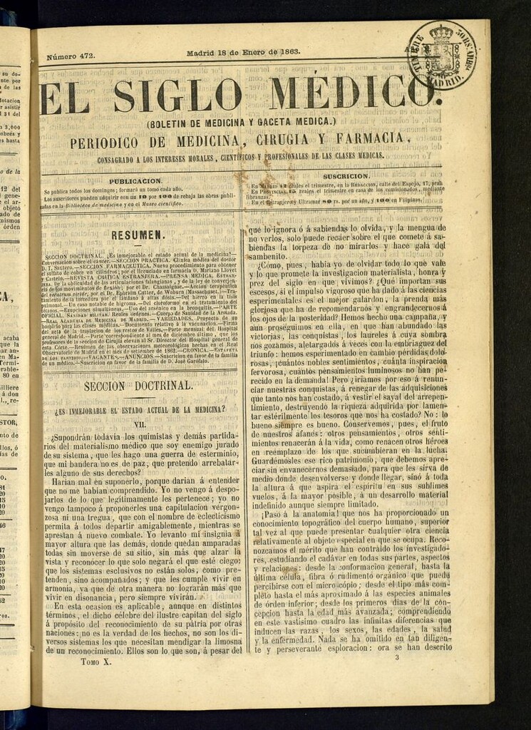 Miniatura de El Siglo Médico: boletín de medicina y gaceta médica del 18 de enero de 1863