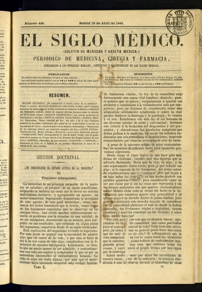 Miniatura de El Siglo Médico: boletín de medicina y gaceta médica del 19 de abril de 1863